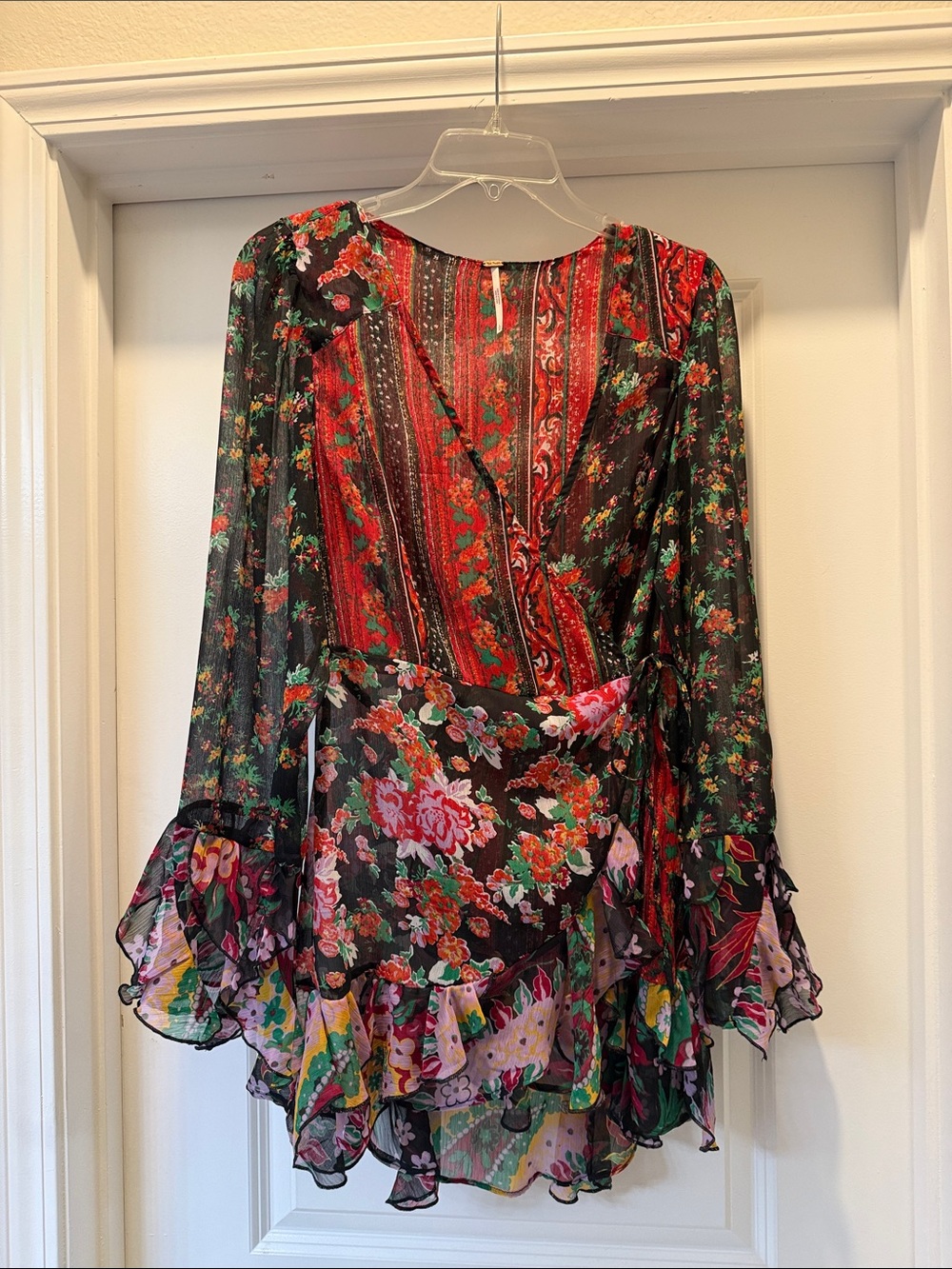 Free People Black Floral Patchwork Wrap Tunic with Red and Green Accents